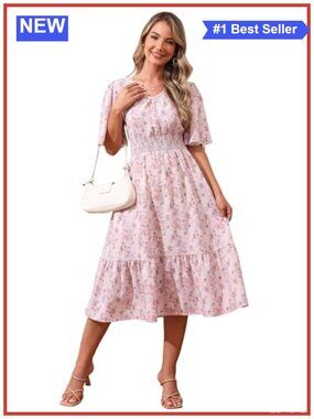 Women's Floral Midi Dress with Pockets Flutter Sleeve Tiered Boho